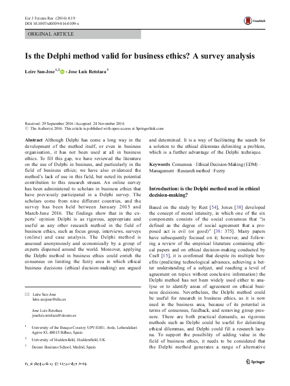 (PDF) Is the Delphi method valid for business ethics? A survey analysis