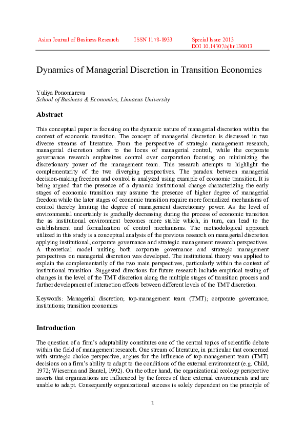 (PDF) Dynamics of Managerial Discretion in Transition Economies