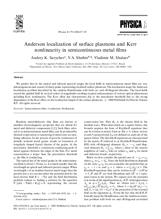 (PDF) Anderson localization of surface plasmons and Kerr nonlinearity ...