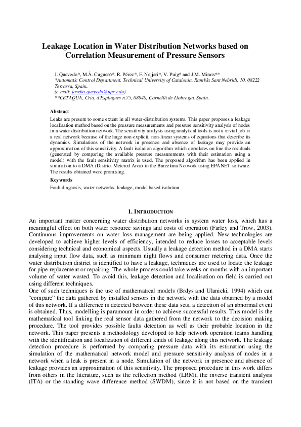 (PDF) Leakage location in water distribution networks based on ...