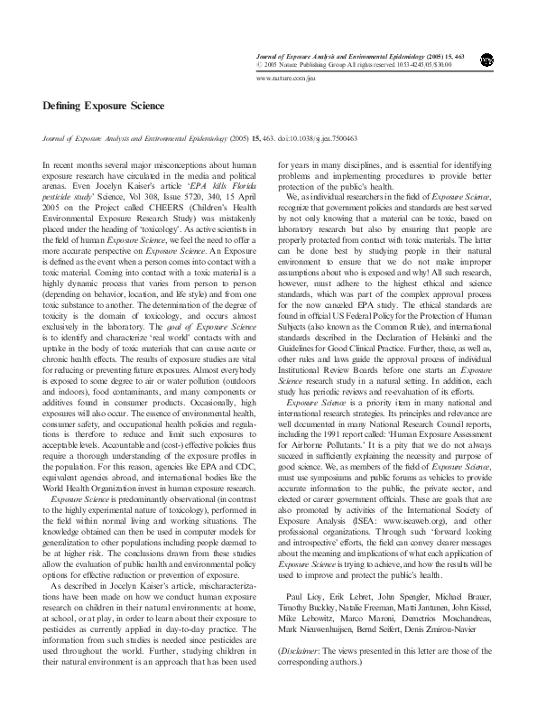 (PDF) Defining Exposure Science