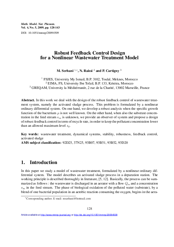 (PDF) Robust Feedback Control Design for a Nonlinear Wastewater ...