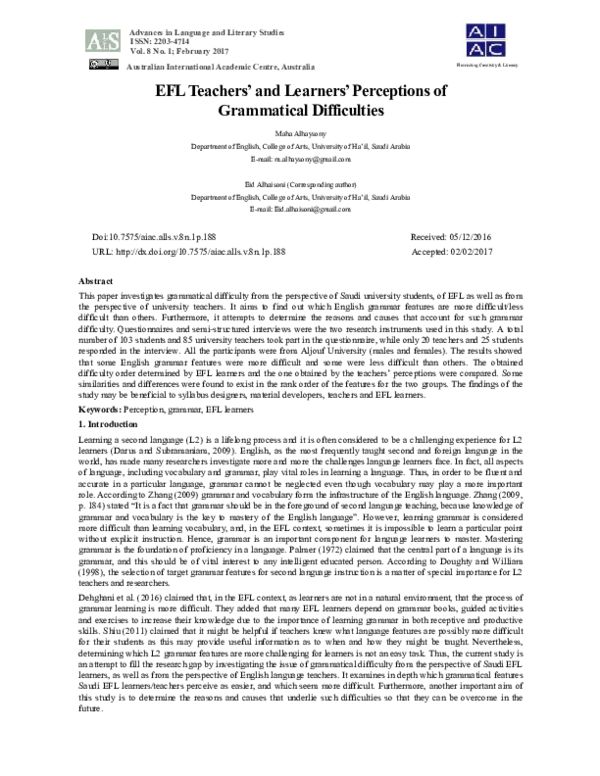 (PDF) EFL Teachers’ and Learners’ Perceptions of Grammatical Difficulties