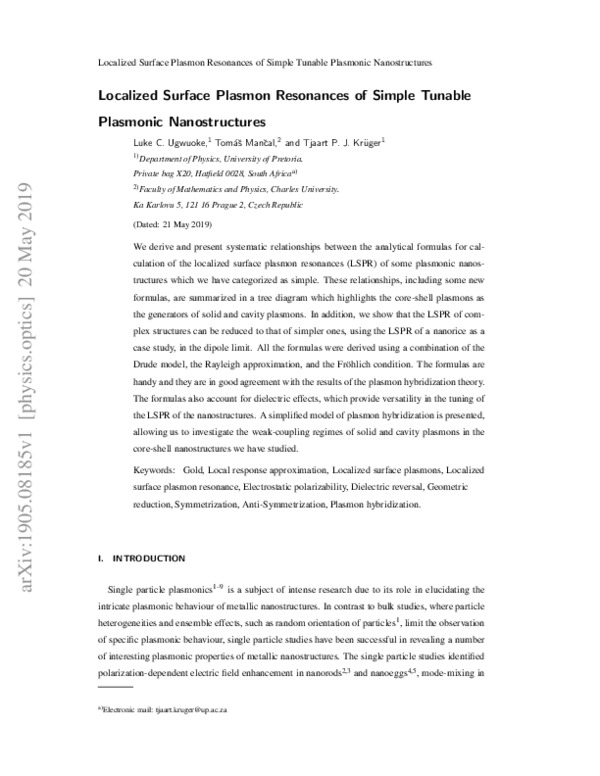 (PDF) Localized Surface Plasmon Resonances of Simple Tunable Plasmonic ...
