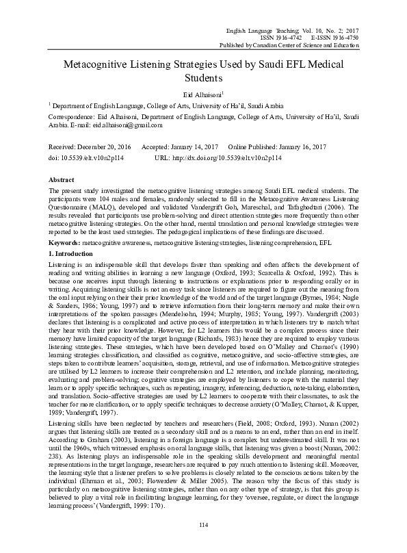 (PDF) Metacognitive Listening Strategies Used by Saudi EFL Medical Students