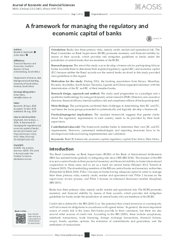 (PDF) A framework for managing the regulatory and economic capital of banks