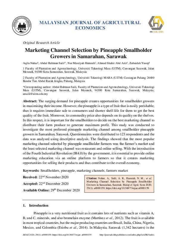 (PDF) Marketing Channel Selection by Pineapple Smallholder Growers in ...