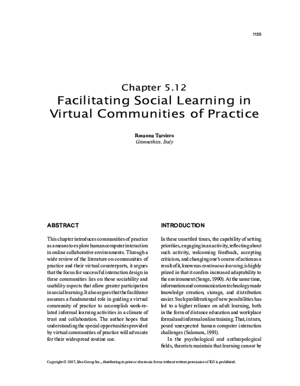 (PDF) Facilitating Social Learning in Virtual Communities of Practice