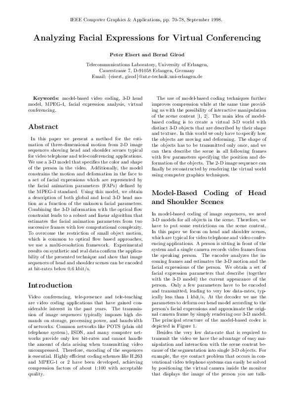 (PDF) Analyzing facial expressions for virtual conferencing