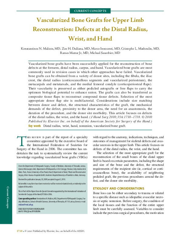 (PDF) Vascularized Bone Grafts for Upper Limb Reconstruction Defects at the Distal Radius