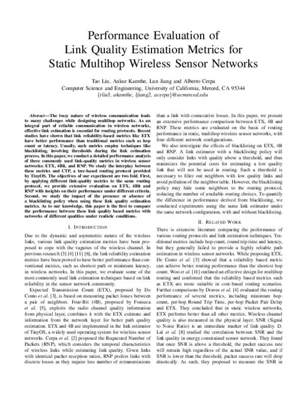 (PDF) Performance Evaluation of Link Quality Estimators