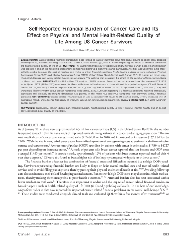 (PDF) Self-reported financial burden of cancer care and its effect on ...