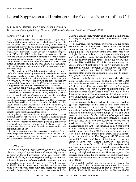 (PDF) Lateral suppression and inhibition in the cochlear nucleus of the cat