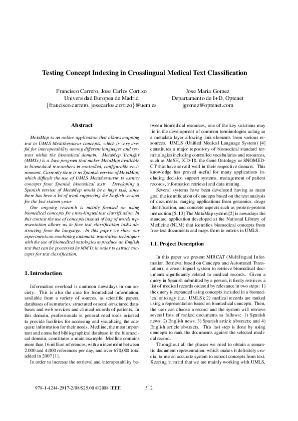 (PDF) Testing concept indexing in crosslingual medical text classification