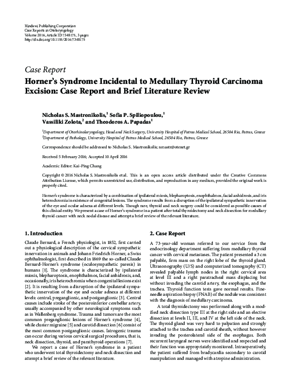 (PDF) Horner’s Syndrome Incidental to Medullary Thyroid Carcinoma ...