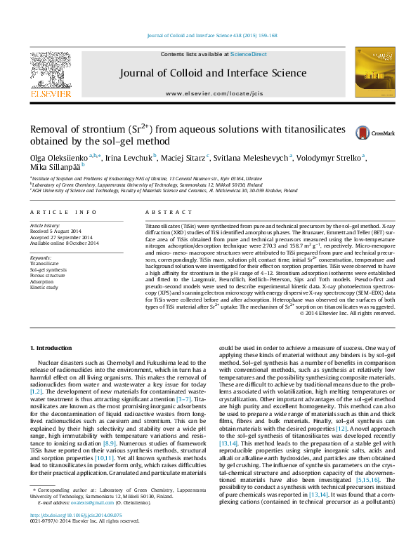 (PDF) Removal of strontium (Sr2+) from aqueous solutions with ...