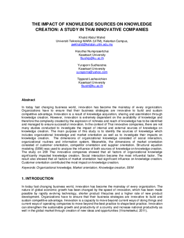 (PDF) The Impact of Knowledge Sources on Knowledge Creation: A Study in ...
