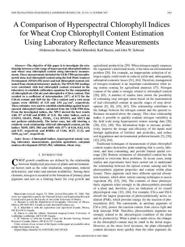 (PDF) A Comparison of Hyperspectral Chlorophyll Indices for Wheat Crop ...
