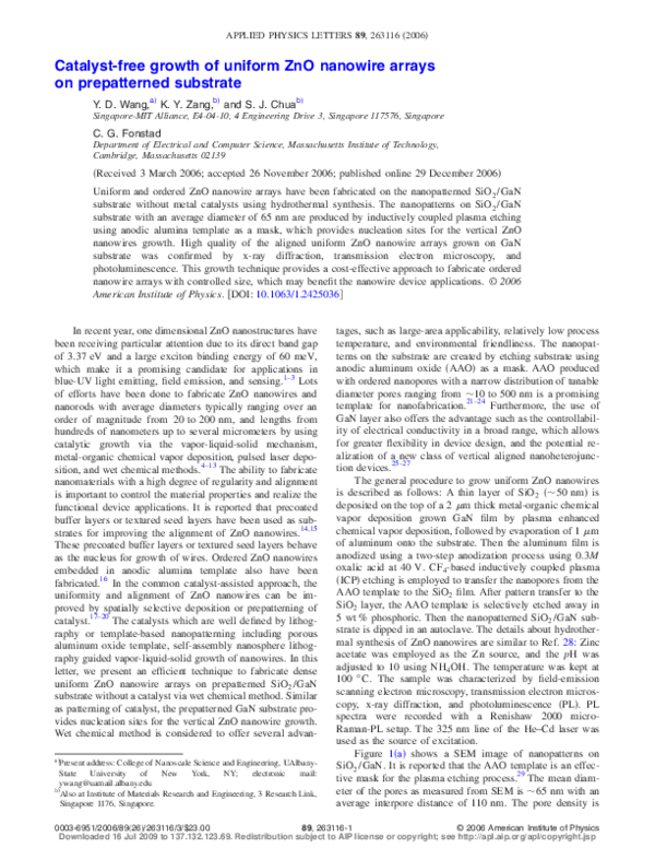 (PDF) Catalyst-free growth of uniform ZnO nanowire arrays on ...