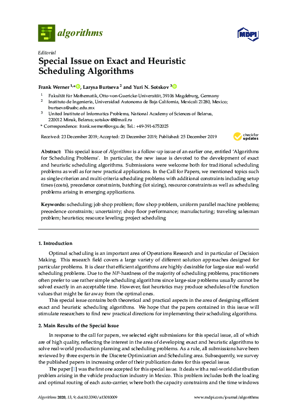 (PDF) Special Issue on Exact and Heuristic Scheduling Algorithms