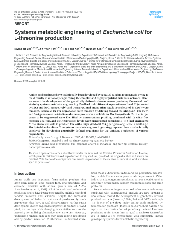 (PDF) Systems metabolic engineering of Escherichia coli for production ...