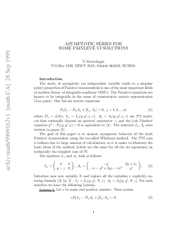 (PDF) Asymptotic Series for Some Painlev 'E VI Solutions