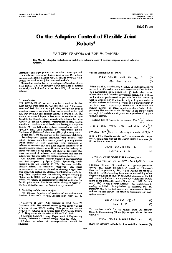 (PDF) On the adaptive control of flexible joint robots