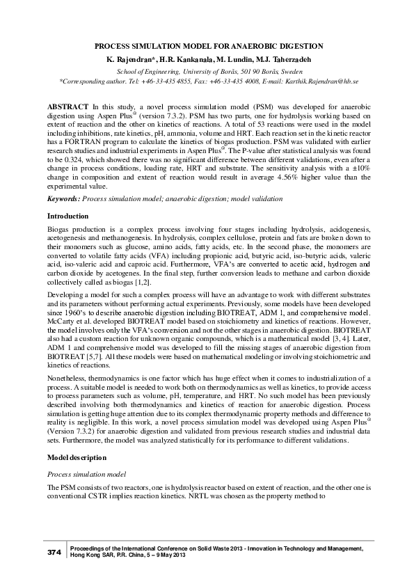 (PDF) Process Simulation Model for Anaerobic Digestion