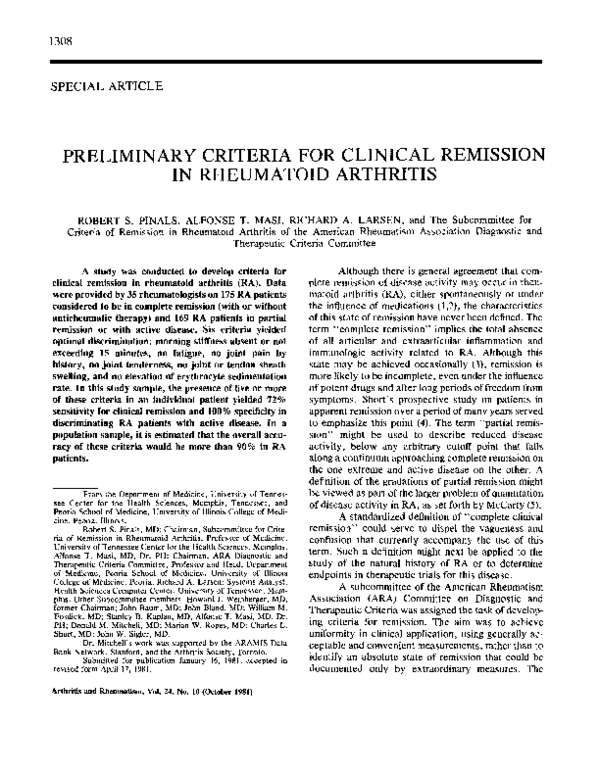 (PDF) Preliminary criteria for clinical remission in rheumatoid arthritis