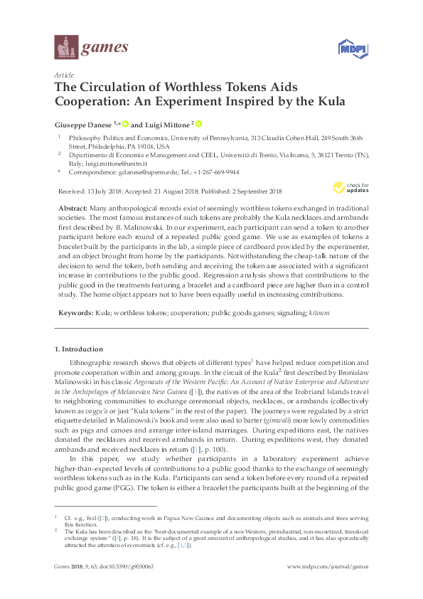 (PDF) The Circulation of Worthless Tokens Aids Cooperation: An ...