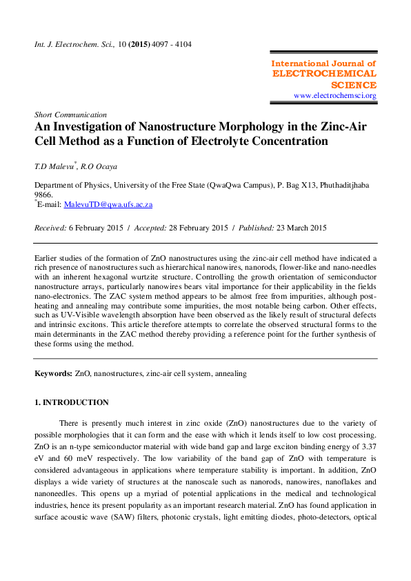 (PDF) An Investigation of Nanostructure Morphology in the Zinc-Air Cell ...