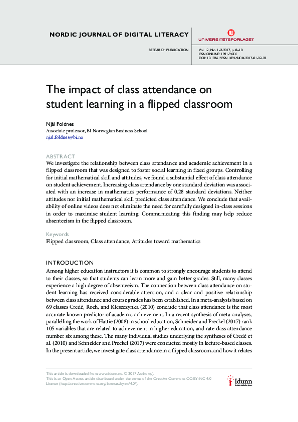 (PDF) The impact of class attendance on student learning in a flipped ...