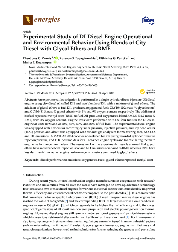 (PDF) Experimental Study of DI Diesel Engine Operational and ...