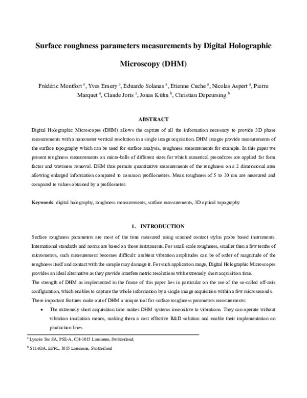(PDF) Surface roughness parameters measurements by Digital Holographic