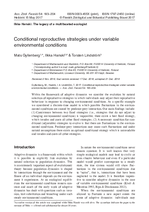 (PDF) Conditional Reproductive Strategies Under Variable Environmental ...