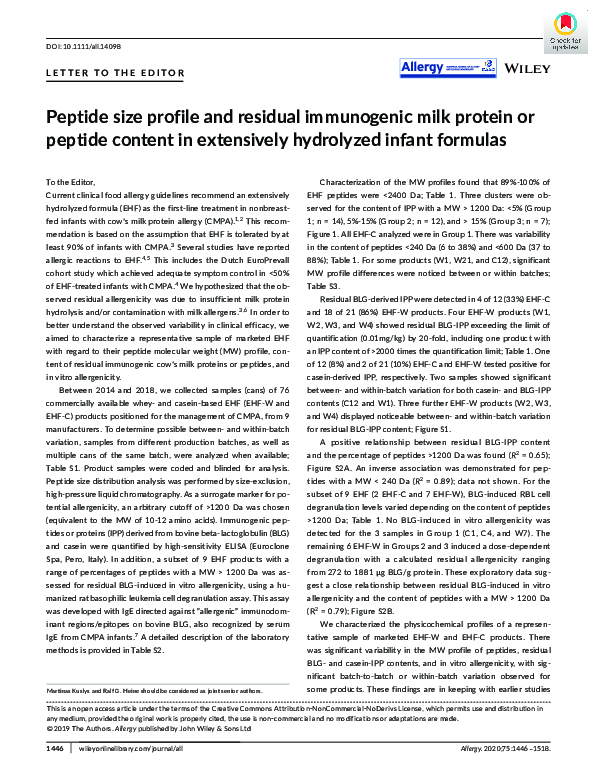 (PDF) Peptide size profile and residual immunogenic milk protein or ...