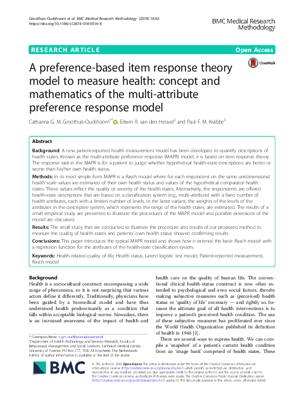 (PDF) A preference-based item response theory model to measure health ...