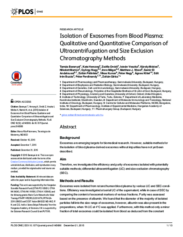 (PDF) Isolation of Exosomes from Blood Plasma Qualitative and