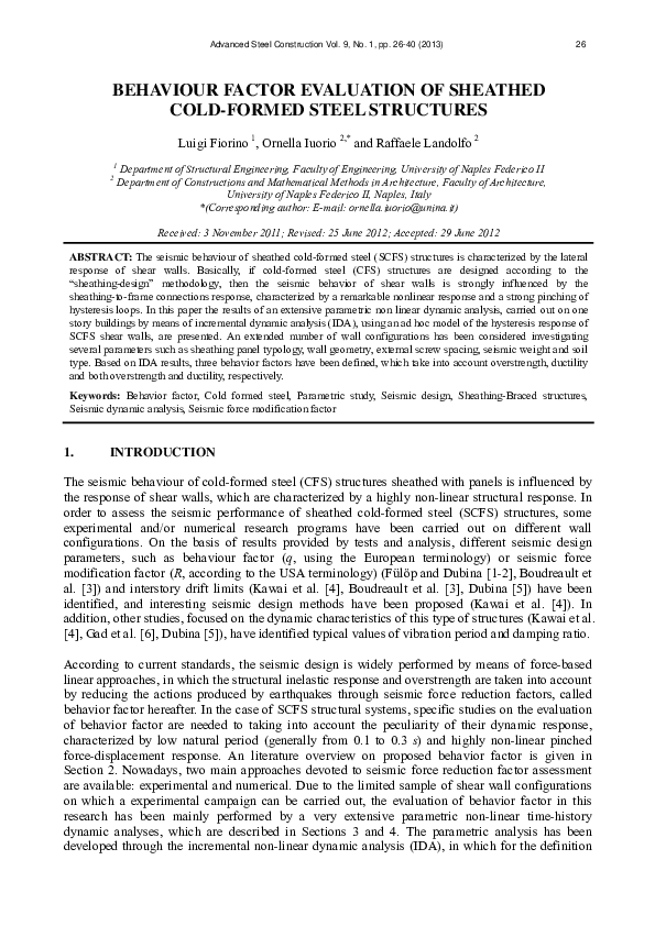 (PDF) Behaviour Factor Evaluation of Sheathed Cold-Formed Steel Structures