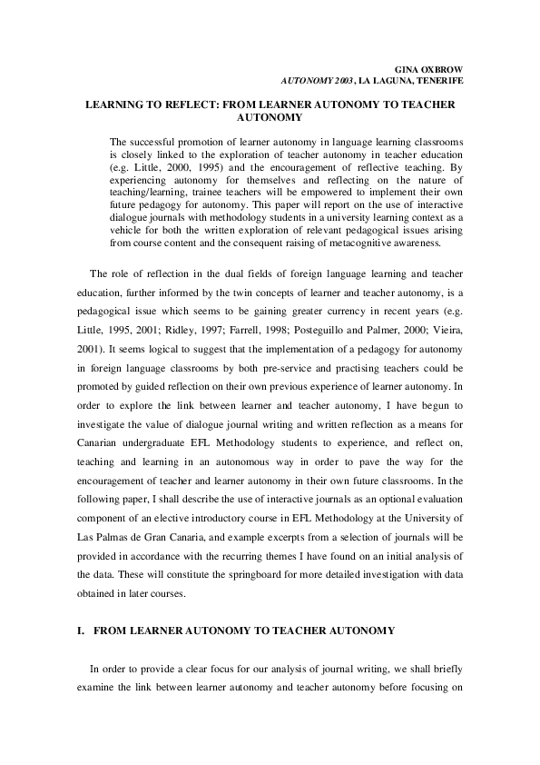 (PDF) Learning to Reflect: From Learner Autonomy to Teacher Autonomy