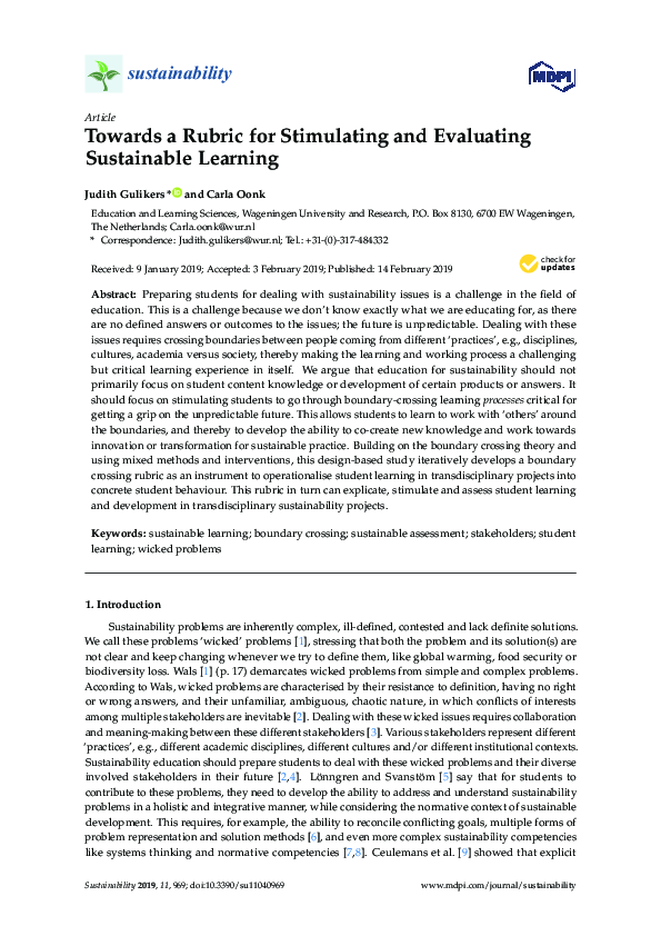 (PDF) Towards a Rubric for Stimulating and Evaluating Sustainable Learning