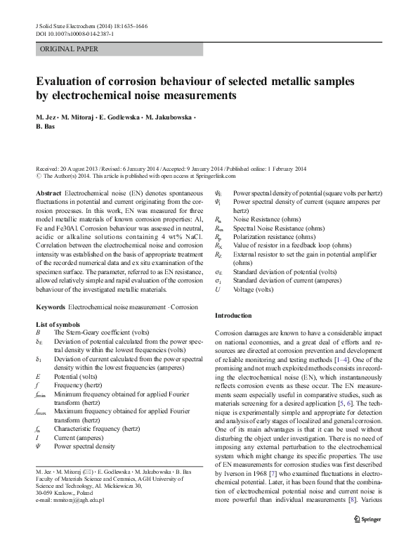 (PDF) Evaluation of corrosion behaviour of selected metallic samples by