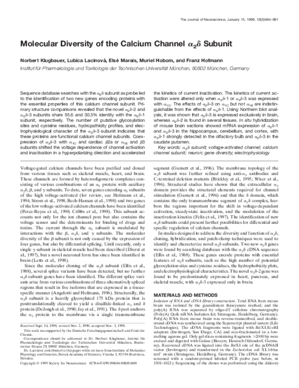 (PDF) Molecular Diversity of the Calcium Channel ␣ 2 ␦ Subunit