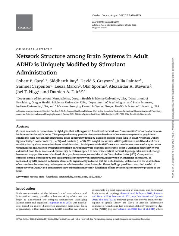 (PDF) Network Structure among Brain Systems in Adult ADHD is Uniquely ...