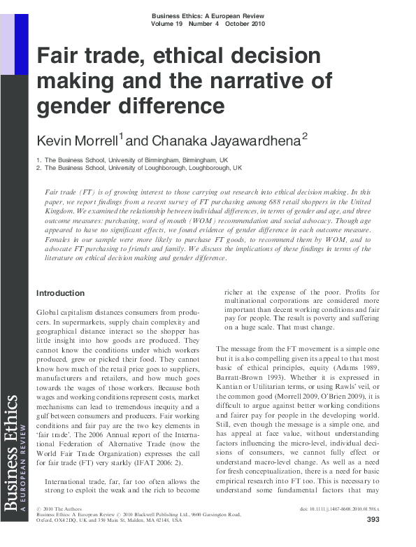 (PDF) Fair trade, ethical decision making and the narrative of gender ...
