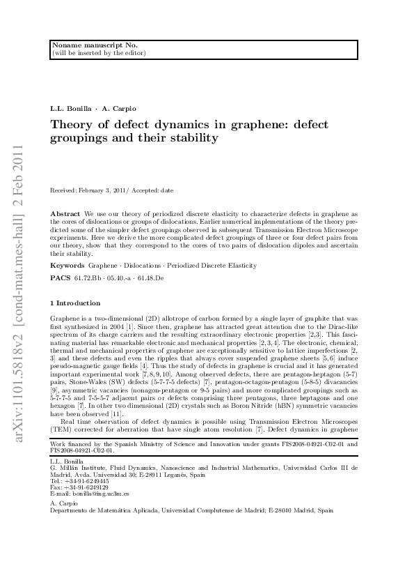 (PDF) Theory of defect dynamics in graphene: defect groupings and their ...