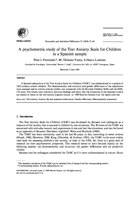 (PDF) A psychometric study of the Test Anxiety Scale for Children in a ...