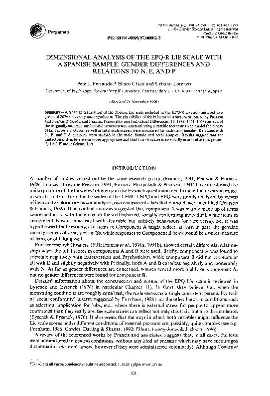 (PDF) Dimensional analysis of the EPQ-R lie scale with a Spanish sample ...