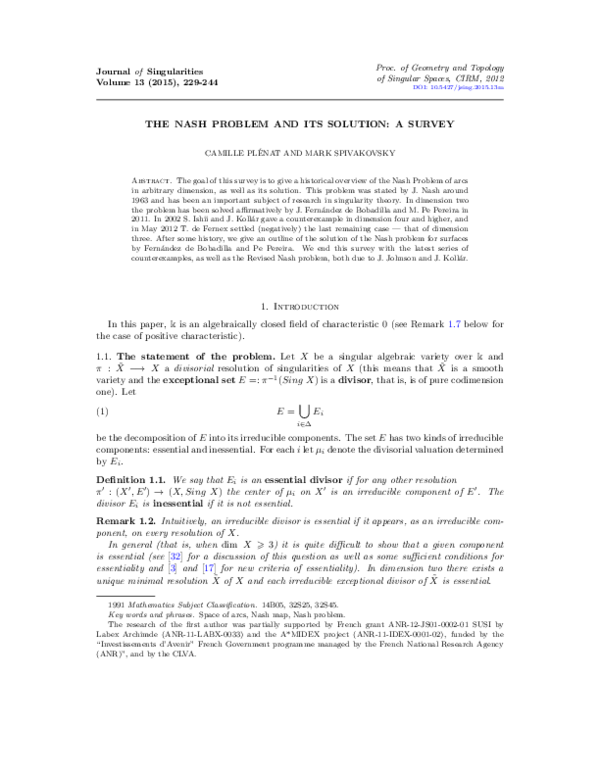 (PDF) The Nash problem and its solution: a survey