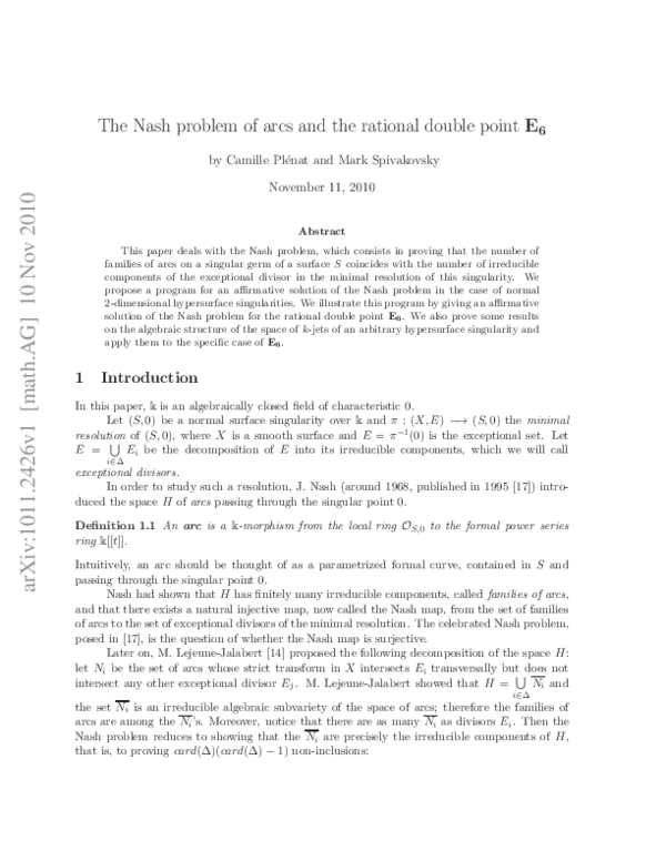 (PDF) The Nash problem of arcs and the rational double point $ mathbf{E_6}$